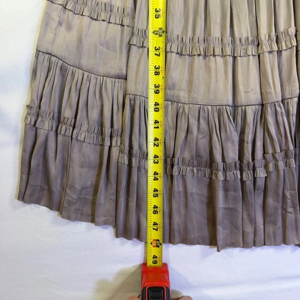 RESET Pleated Tiered Maxi Dress Medium Taupe Mushroom Satin‎ Flutter Sleeve Boho